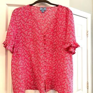 CeCe bright pink v neck 3/4 sleeve front button top